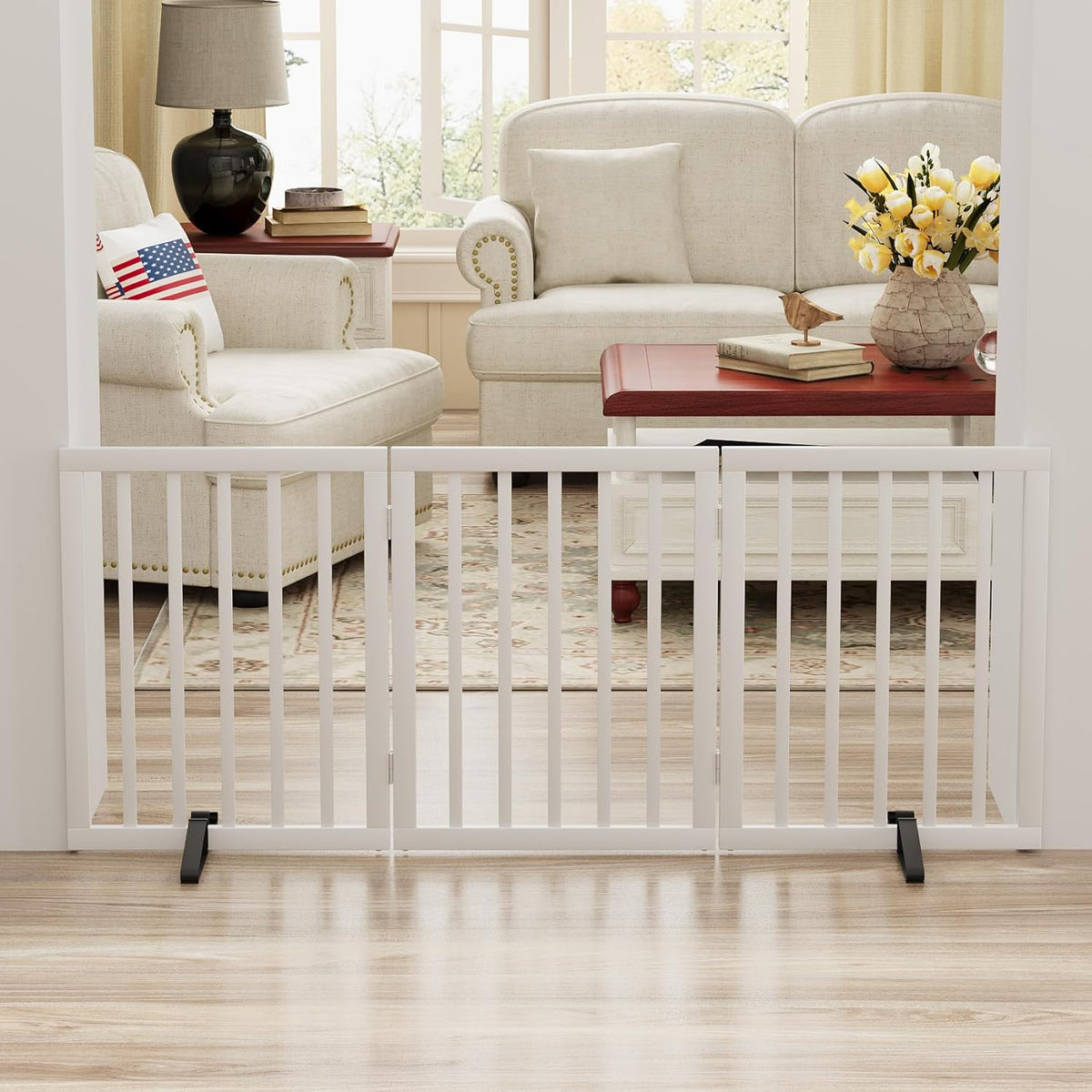 White 18-55" Wide Pet Gate, Bamboo Dog Gate for Stair, Foldable Dog Gates for Doorways House