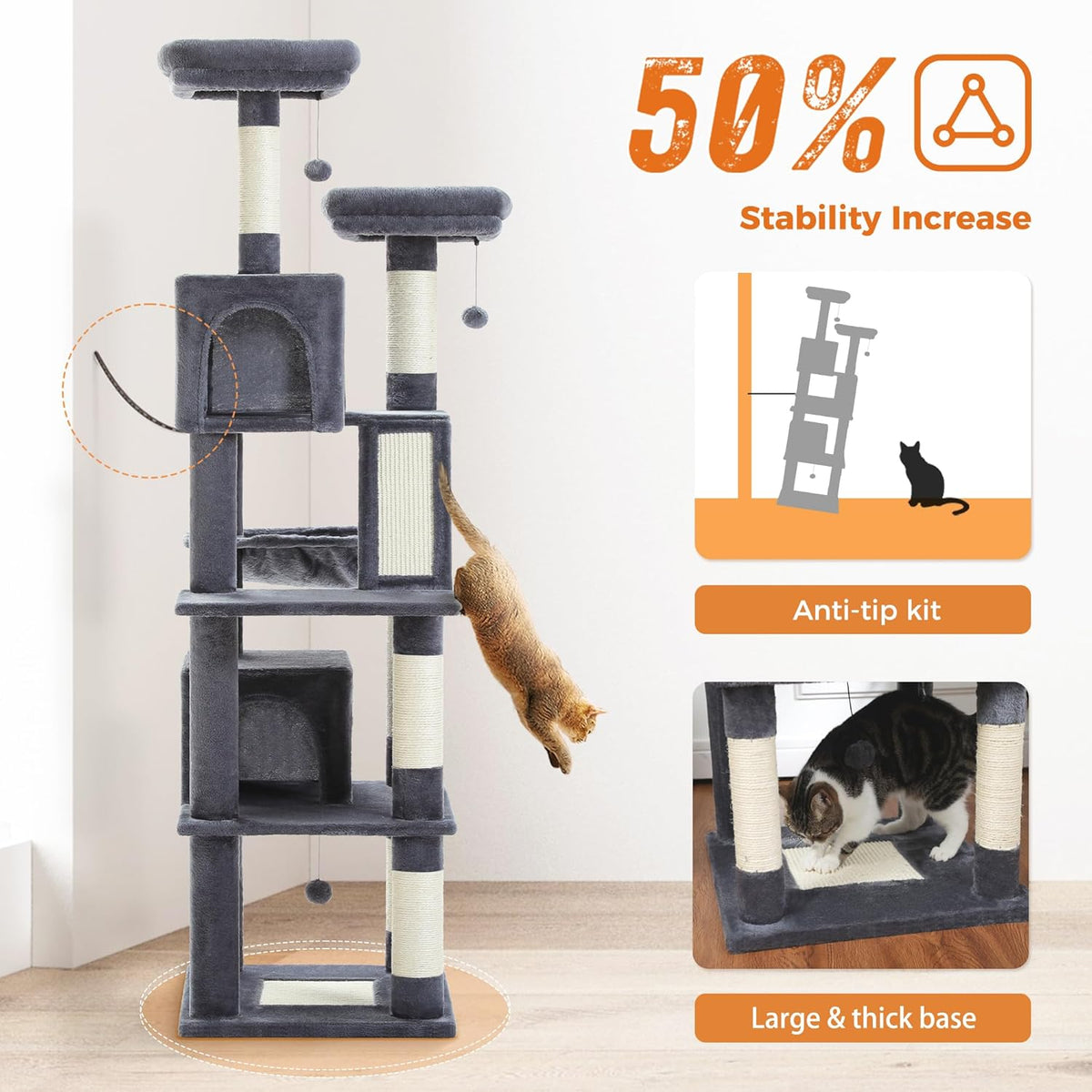 PAWZ Road 70 Inch Cat Tower, Tall Cat Tree with 2 Cozy Condos, 2 Plush Perch, Large Basket, 2