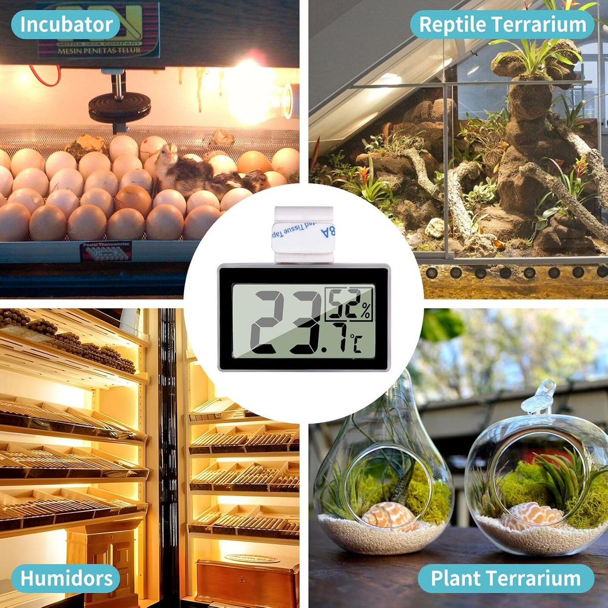Digital Reptile Thermometer Hygrometer with Hook & Adhesive, LCD Display Temperature Humidity Gauge