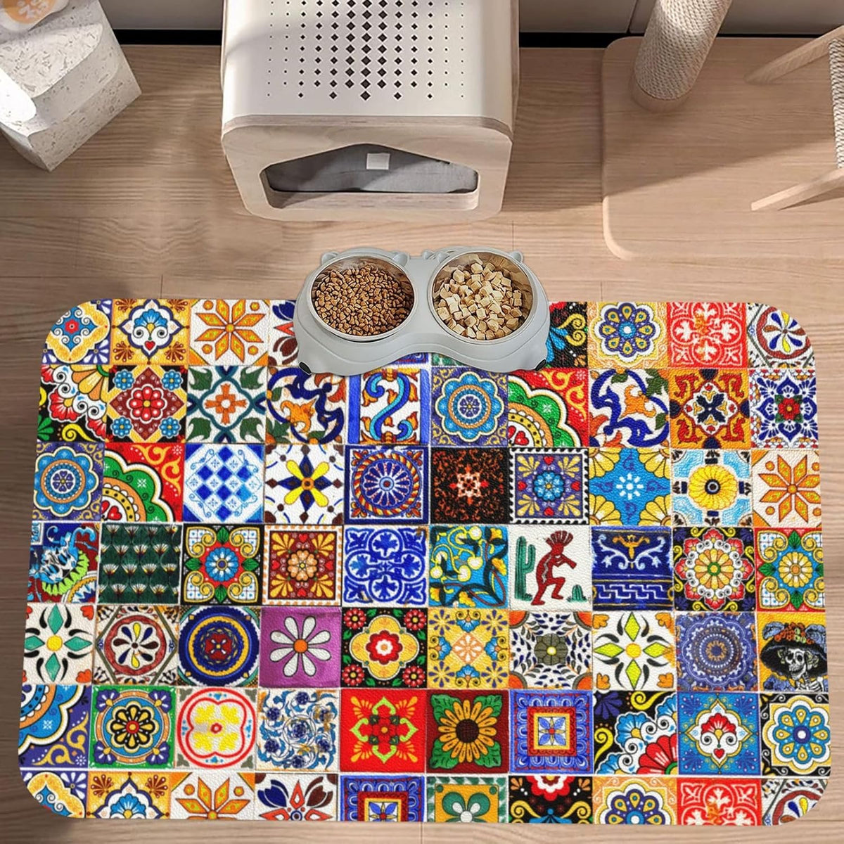 Bohemian Chic Floral Dog Food Mat Absorbent Bowl Mats No Stains Quick Dry Waterproof Pet Cat