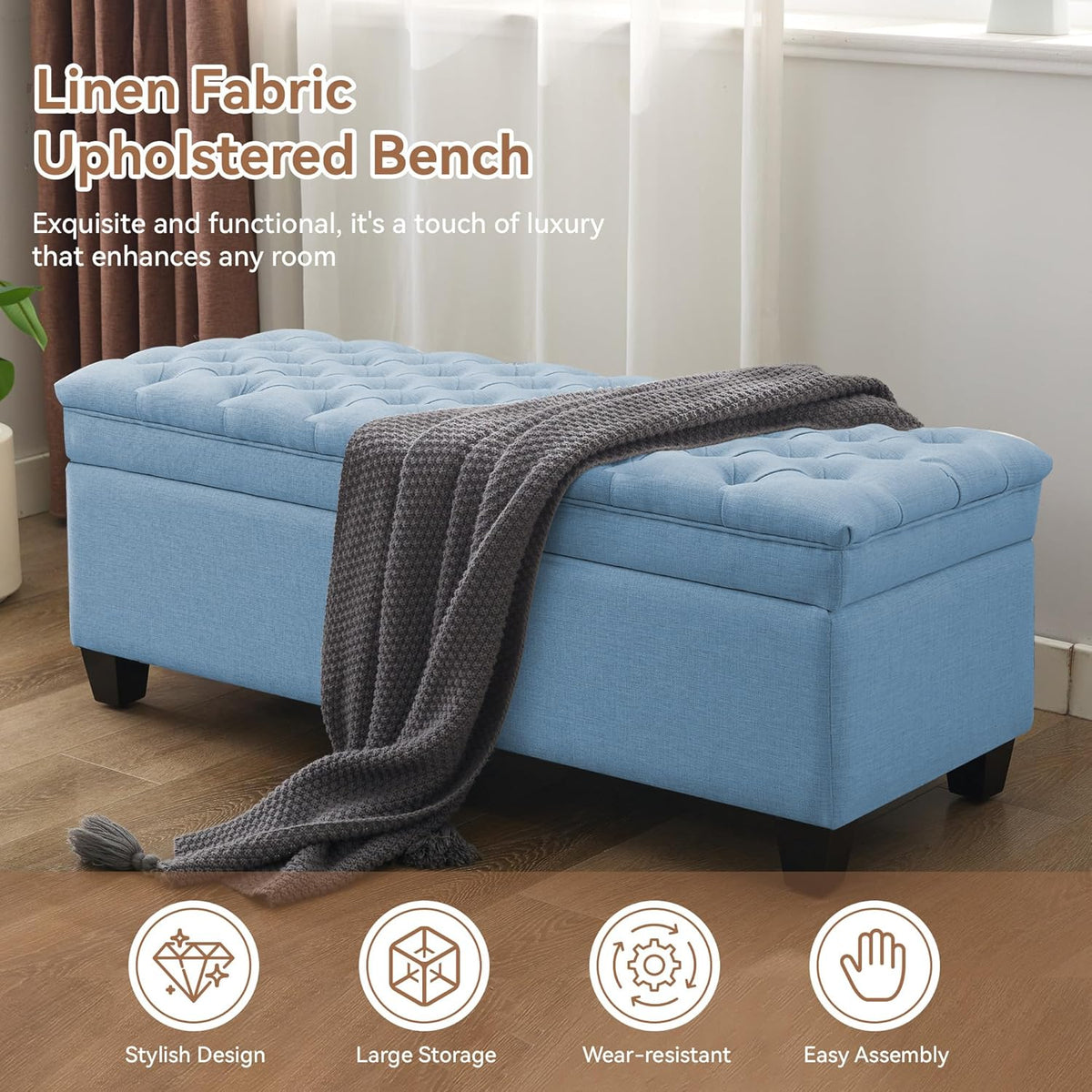 51" Fabric Storage Ottoman Bench, Upholstered Rectangle End of Bed Storage Ottoman Tufted Living