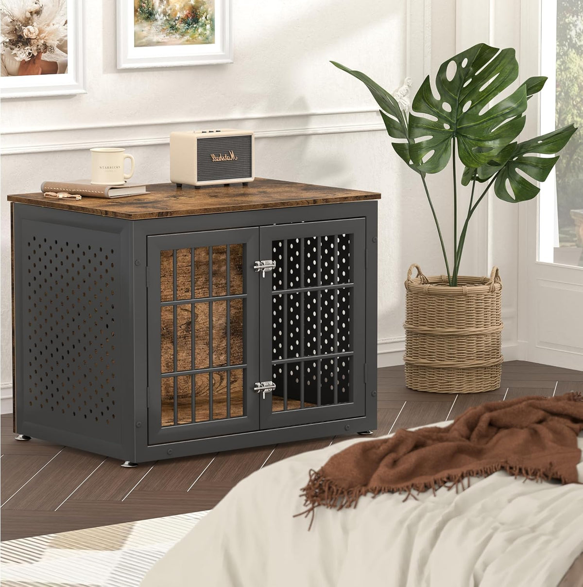 32" Heavy Duty Dog Crate Furniture for Small and Medium Dogs, Metal Kennel for High Anxiety Dogs