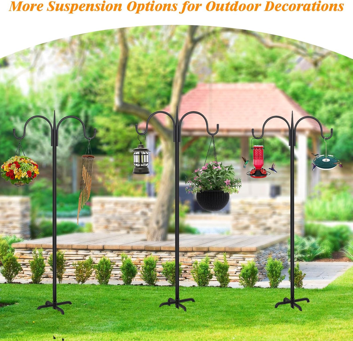 FEED GARDEN Adjustable Double Shepherds Hook for Outdoor with 5 Prong Base 76 Inch Heavy Duty Two