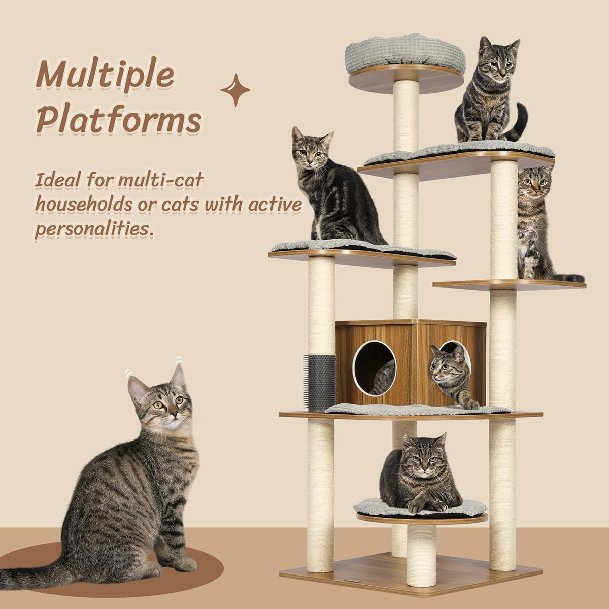 KAMABOKO Tall Wood Cat Tree, 69” Large Cat Tower Multi-Level Platforms with Sisal Scratching Posts