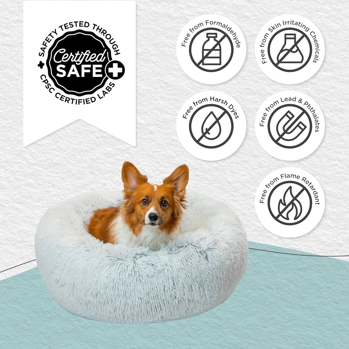 Best Friends by Sheri Original Calming Donut Dog and Cat Bed, Shag Faux Fur, Frost Gray, (30in x