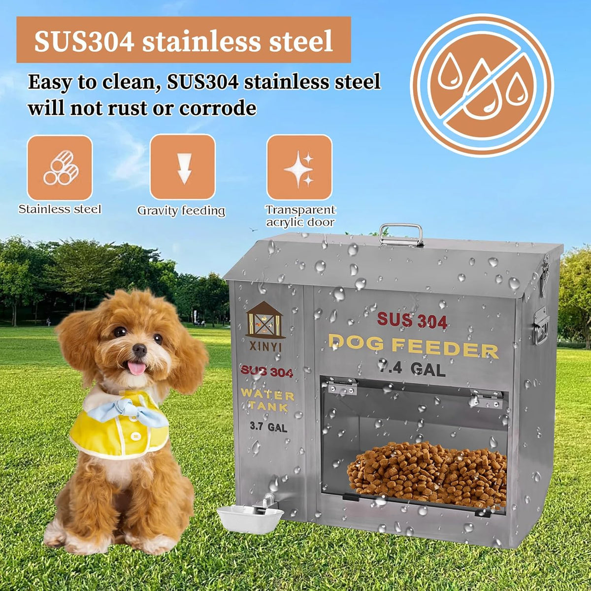 XINYI Automatic Dog Feeder and Waterer 2-in-1,SU304 Stainless Steels 3.7 Gallon Water Tank with 1