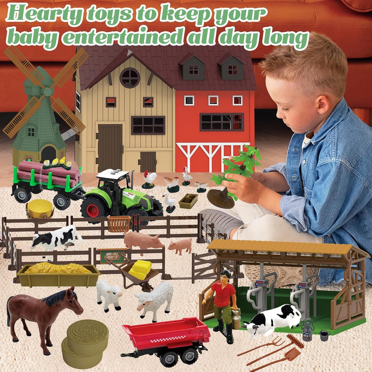 136PCS Farm Animals Toys Set Comes with Barn, Tractor Trailer, Milking shed, Windmill, Farmer