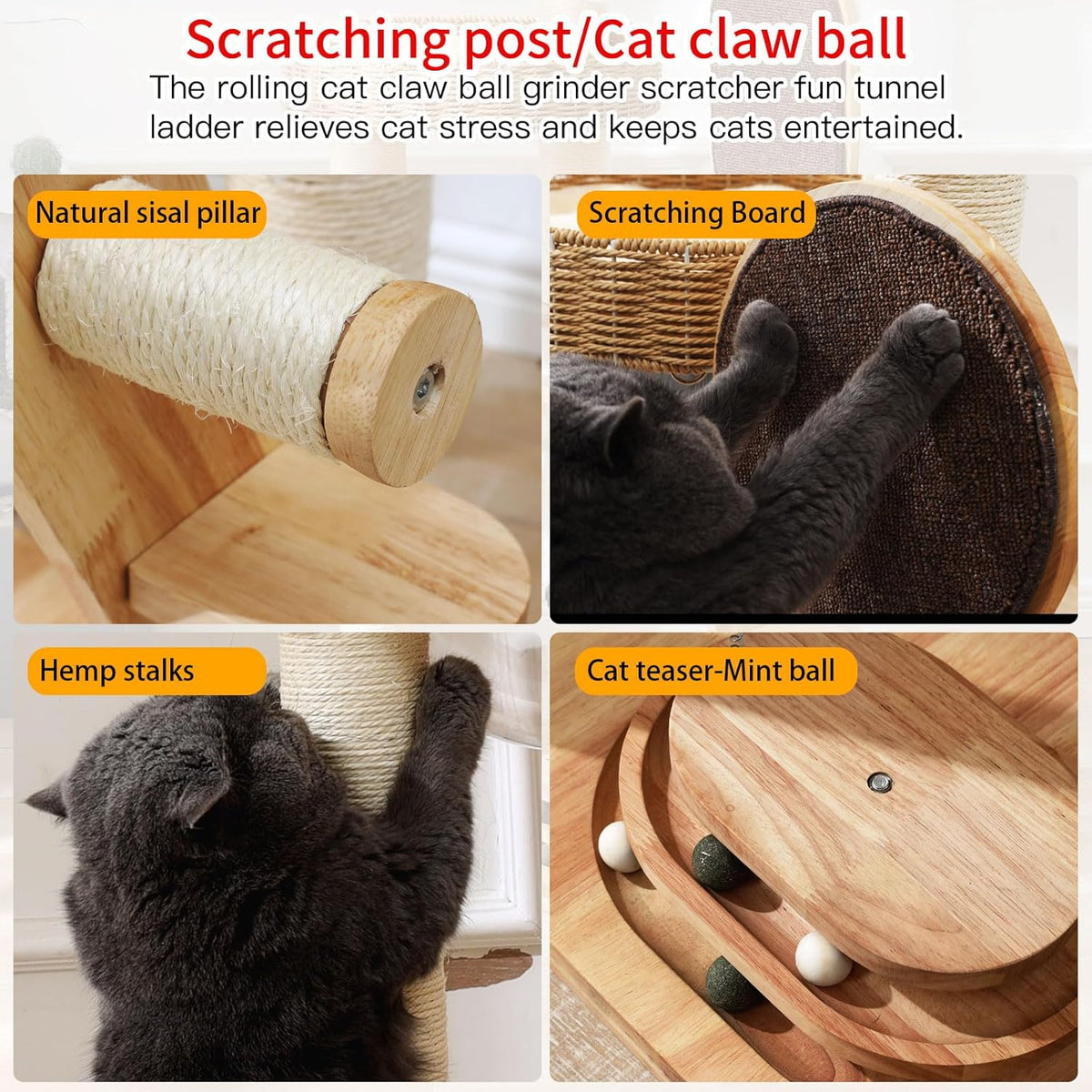 Solid Wood Cat Tree, 50 Inch Modern Cat Tower with Space Capsule, Hand-Woven Basket Nest, Sisal
