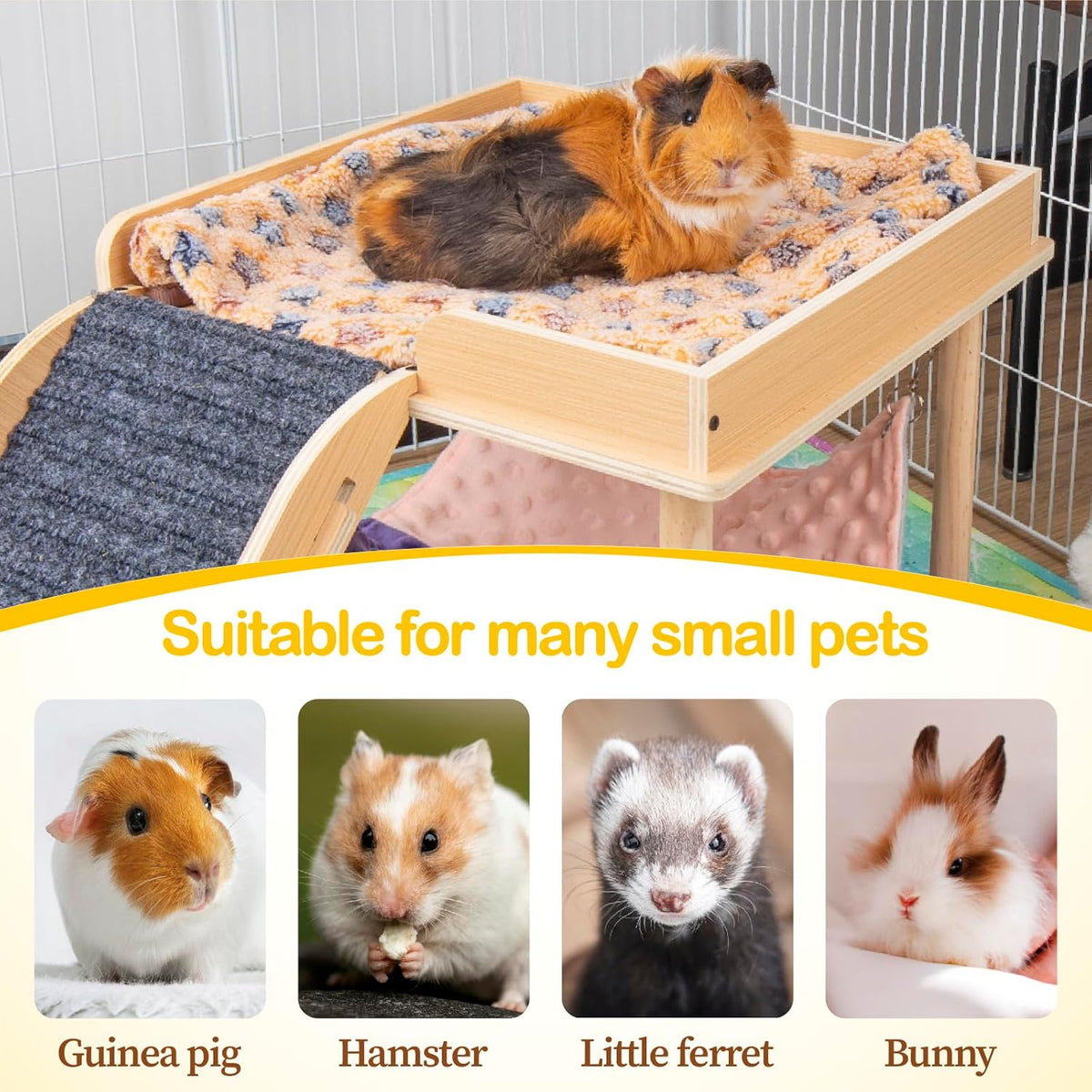 Enlarged Guinea Pig Hammock with Platform and Stairs,Wooden Small Animal Hideout for Guinea Pigs
