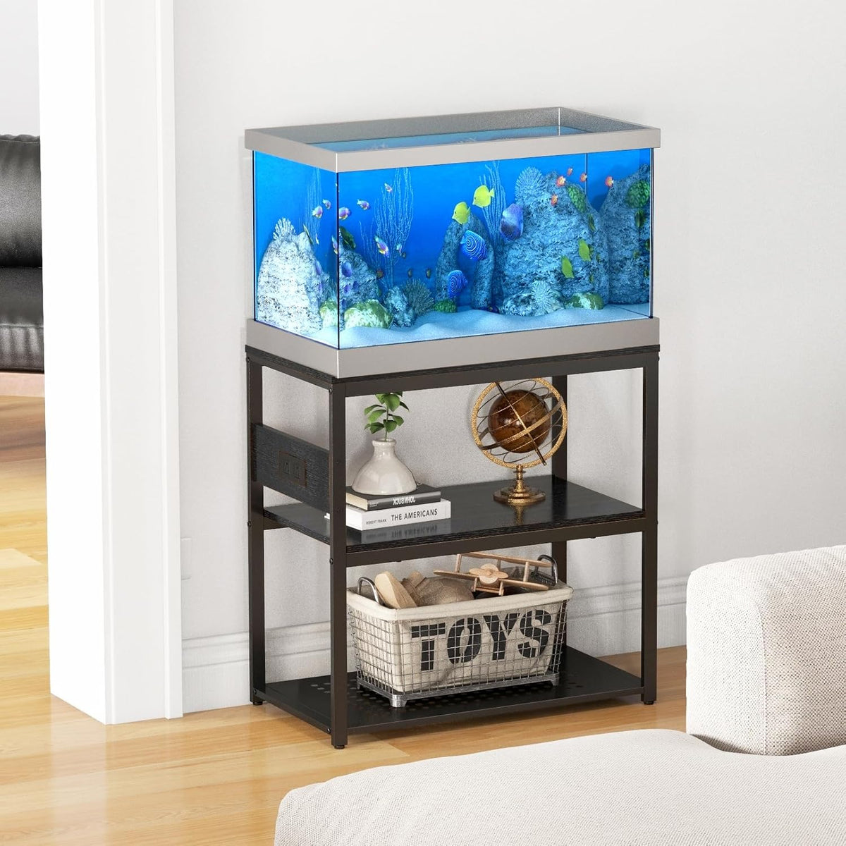 20-29 Gallon Fish Tank Stand with Power Outlets, 3-Tier Metal Aquarium Stand, Breeder Reptile Tank