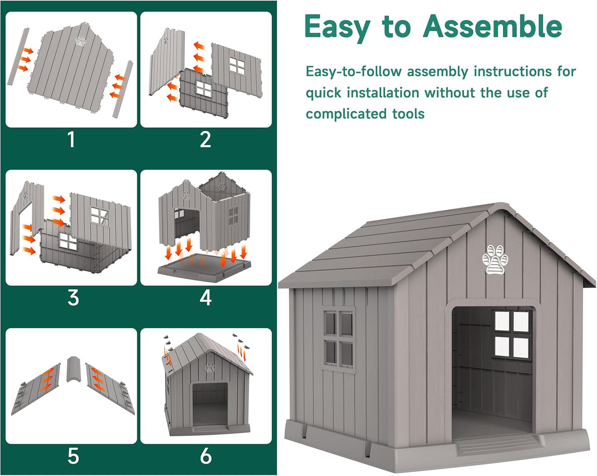 Vixzen 38in Large Outdoor Dog House,Durable Water Resistant Resin Dog House,Doghouse for Small to