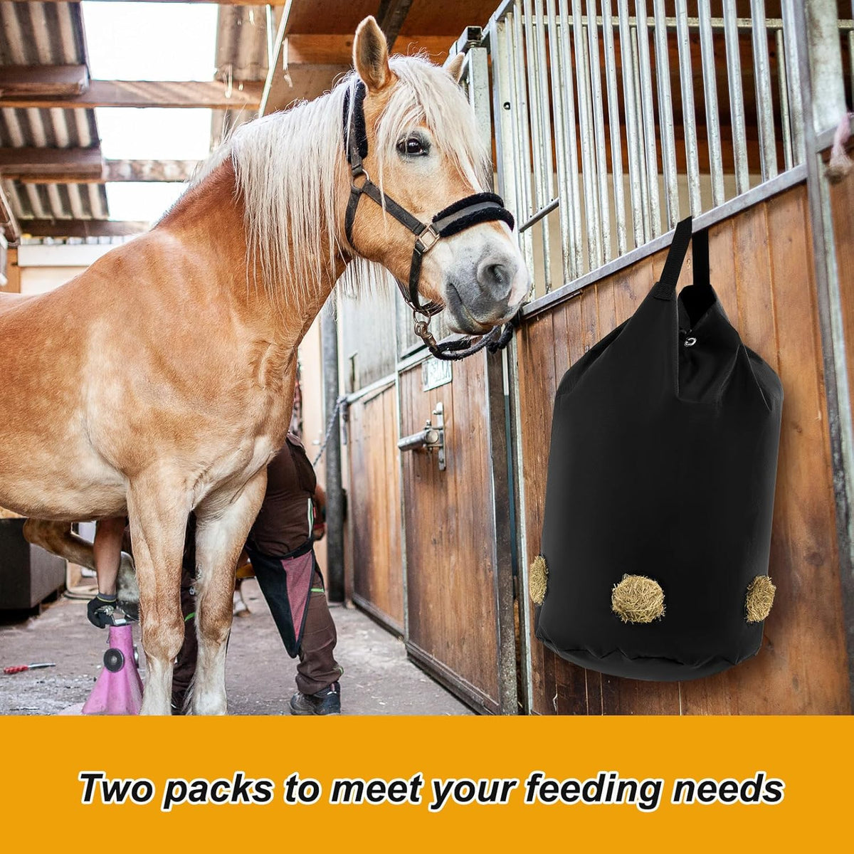 2 Pcs hay Bags for Horses Goats Slow Feed 1680D Oxford Bag Black Large Capacity Net Open Feed Hole