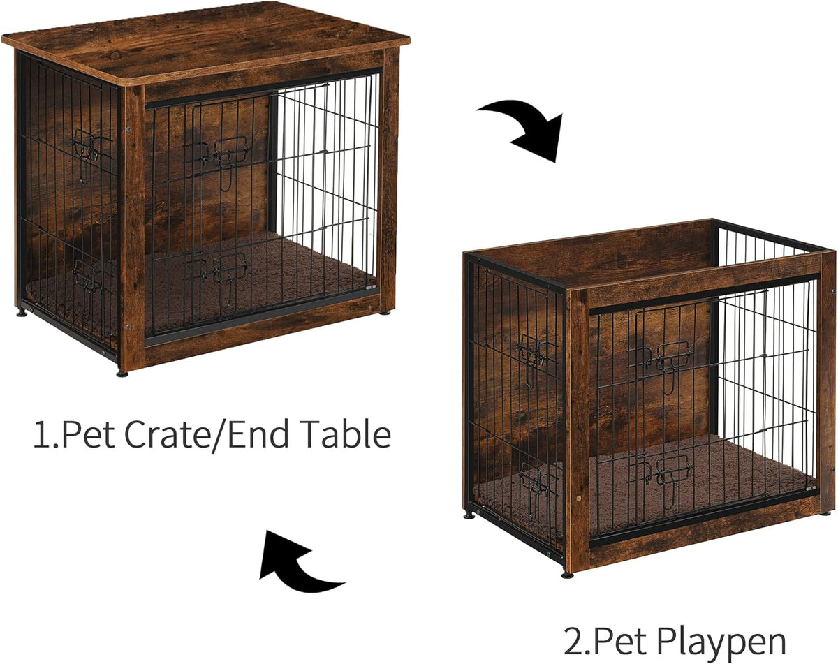DWANTON Dog Crate Furniture with Cushion, Wooden Kennel Table with Double Doors, Indoor Dog House