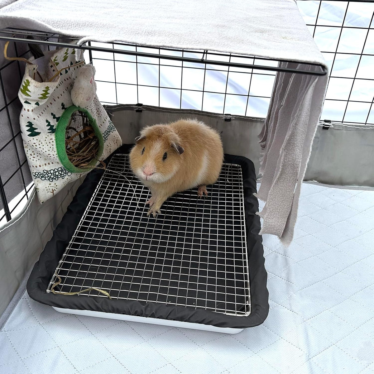 Guinea Pigs Litter Box with Stainless Steel Grid & 2 Reusable Waterproof Liners, Small Animal Potty