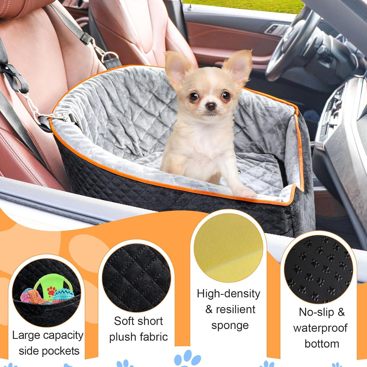 Dog Car Seat for Small Dogs, Memory Foam Booster Dog Seat for Dogs up to 35 lbs, Elevated Pet Car
