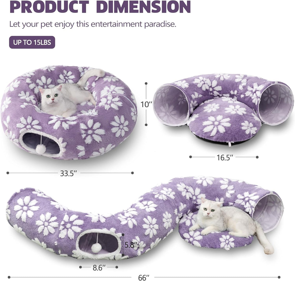 Cat Tunnel for Indoor Cats, Cute Peekaboo Cat Cave with Dangling Balls, Pet Donut Tunnel Bed with