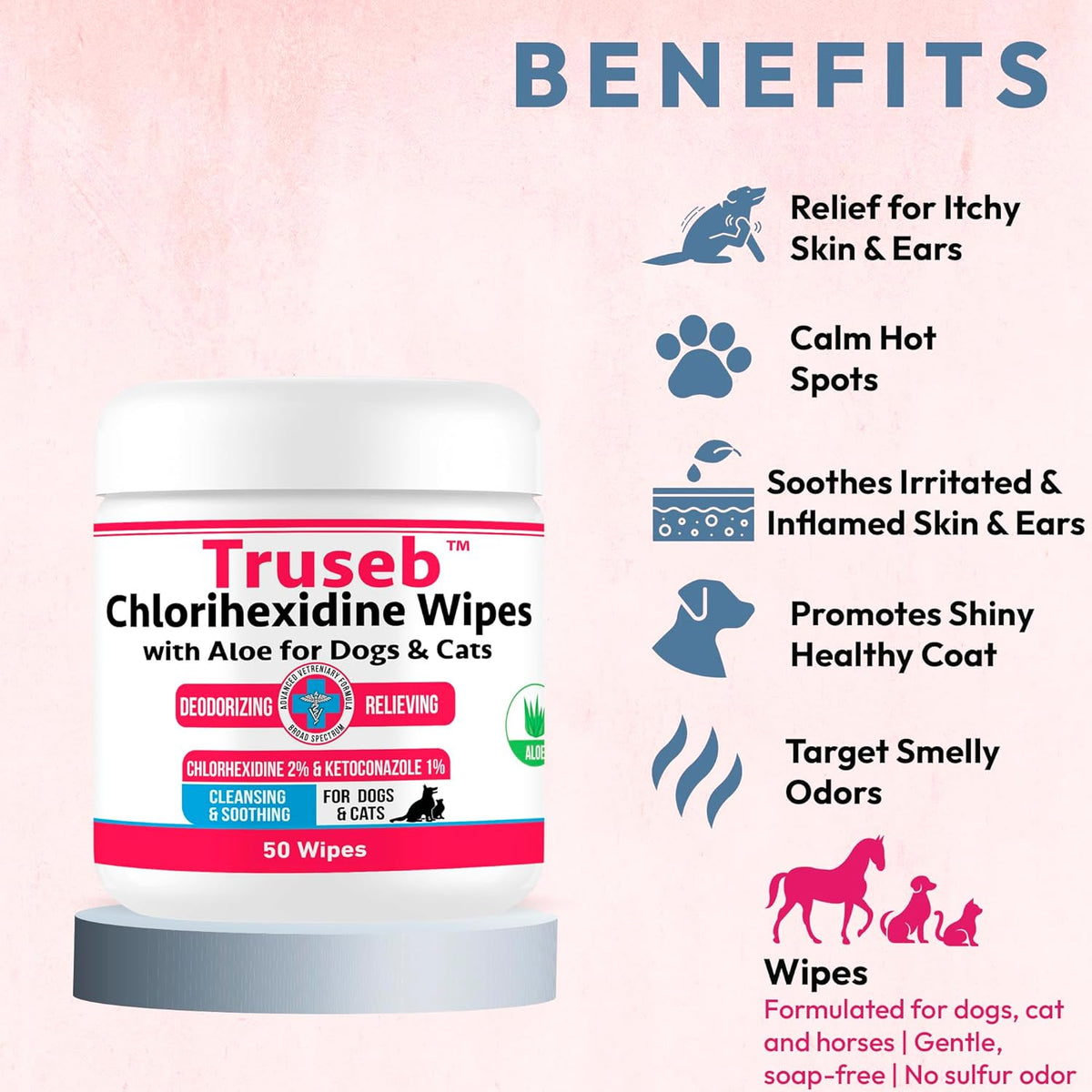 Truseb Topical Ketoconazole and Chlorhexidine Wipes for Dogs, Cats and Horses - with Aloe for
