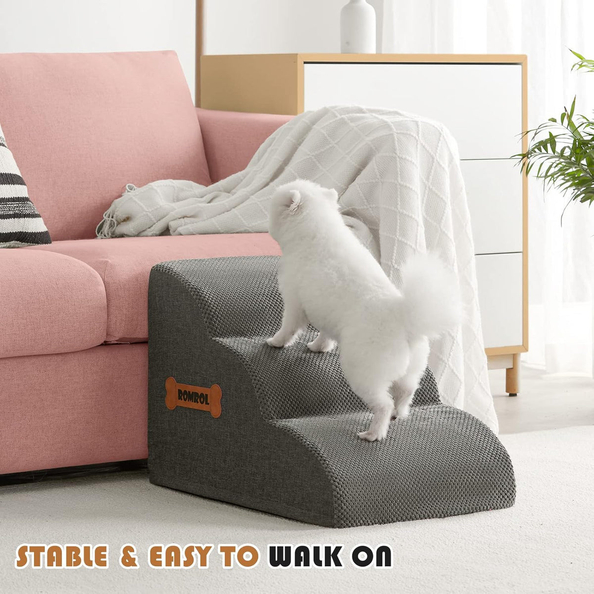 Romrol Dog Stairs Ramp for Beds Couches, 15.7” H 33D Extra Wide Pet Steps with Durable Non-Slip