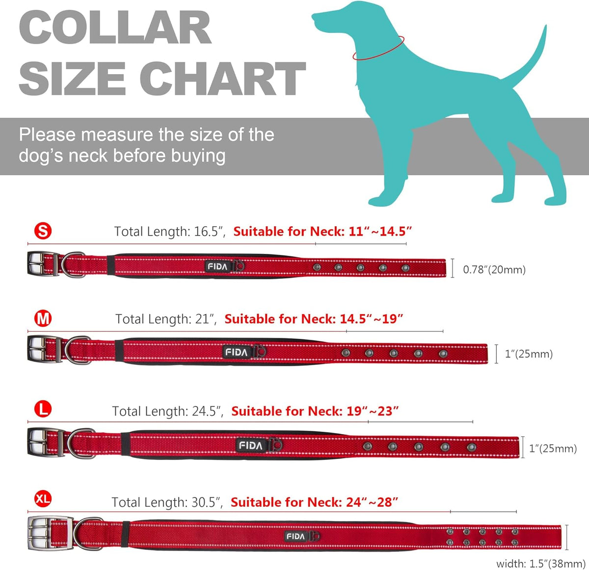 Fida Heavy Duty Dog Collar 1.5” Width, Ultra Soft Neoprene Padded, Adjustable Reflective Nylon Pet