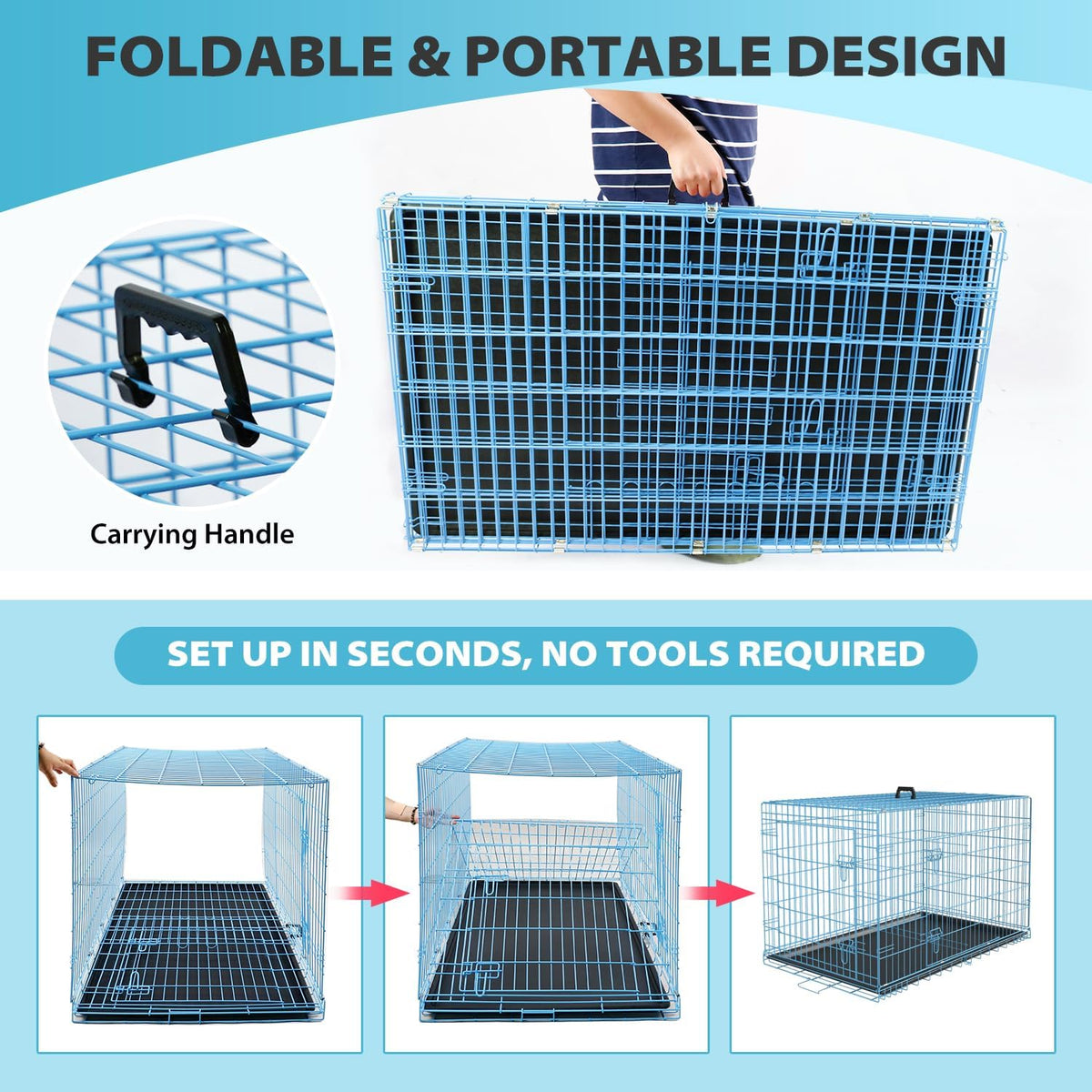 BestPet | Dog Crate | 36" | Blue | Foldable Metal Kennel with Double Doors, Secure Slide-Bolt