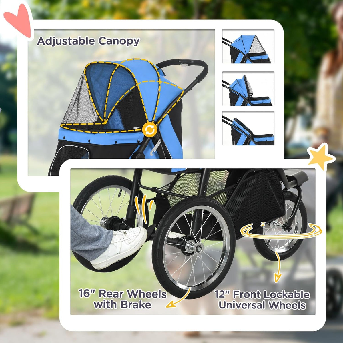 PawHut 3 Wheels Pet Stroller for Small and Medium Dogs, Foldable Cat Stroller Jogger with