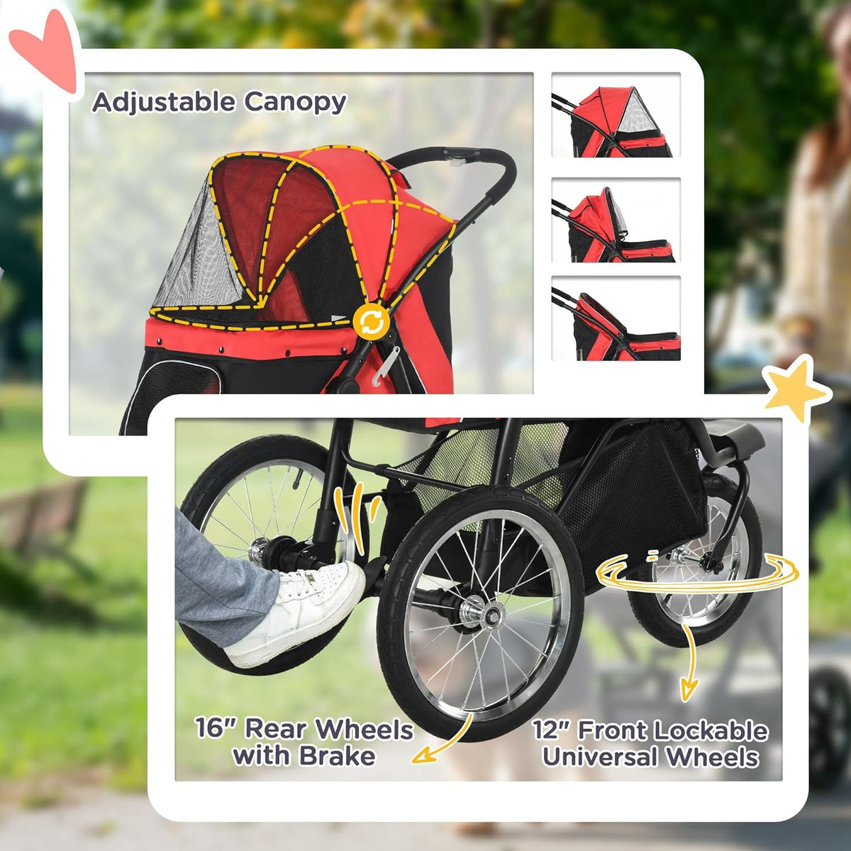 PawHut 3 Wheels Pet Stroller for Small and Medium Dogs, Foldable Cat Stroller Jogger with