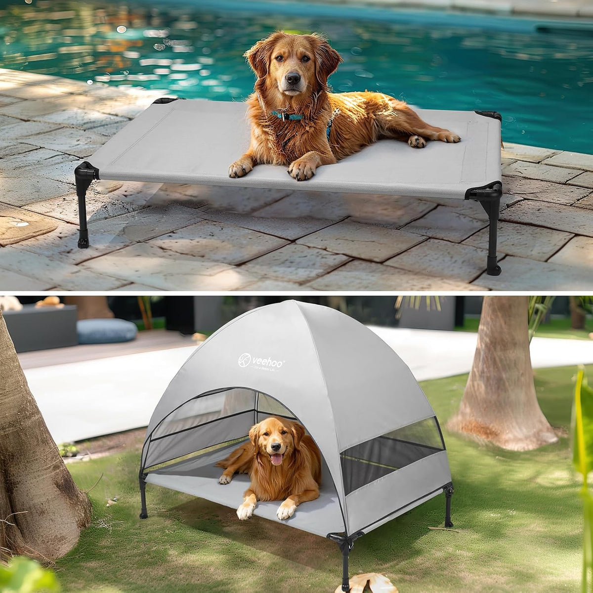 Veehoo Outdoor Dog Bed with Canopy, Cooling Elevated Pet Cot with Removable Shade, Non-Slip Feet