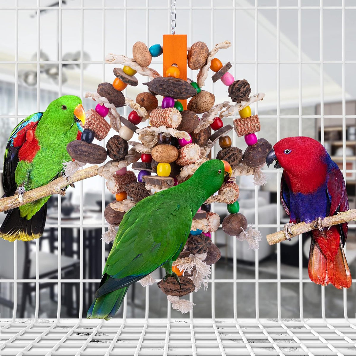 Deloky Large Parrot Bird Chewing Toys, Natural Nuts Corn Parrot Tearing Toy, Wooden Bird Cage Toy