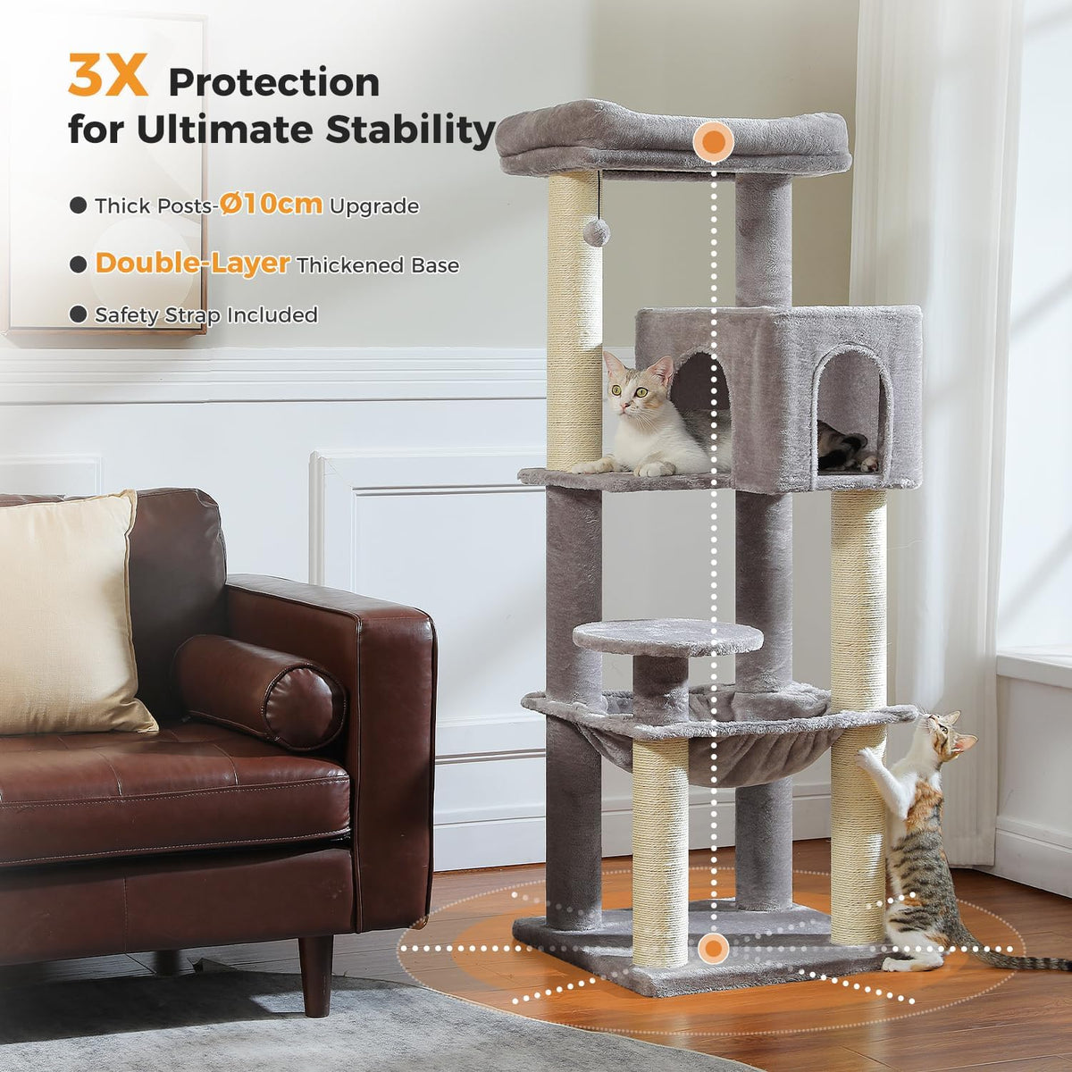 Large Cat Tree with Reinforced Scratching Posts (φ3.1in) for Big Adult Cats 30 lbs, 57.8" Heavy