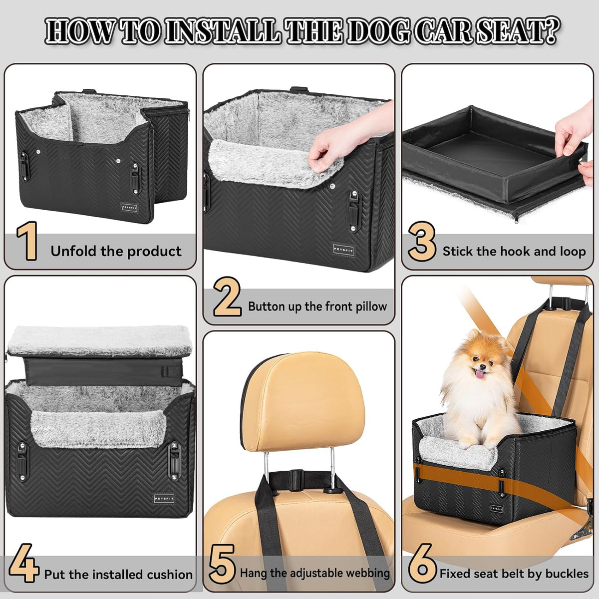 PETSFIT Small Dog Car Seat, Waterproof PU Leather Dog Carseat with Patent Safe Buckles, Clip-On