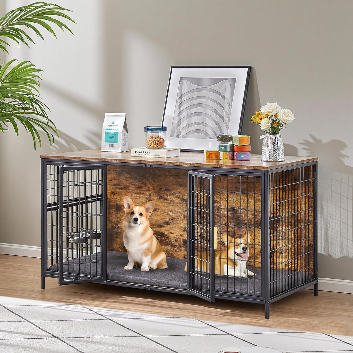 VECELO Dog Crate Furniture for Medium/Large Dogs, Wooden Dog Cage with Cushion, Double Door, Dog