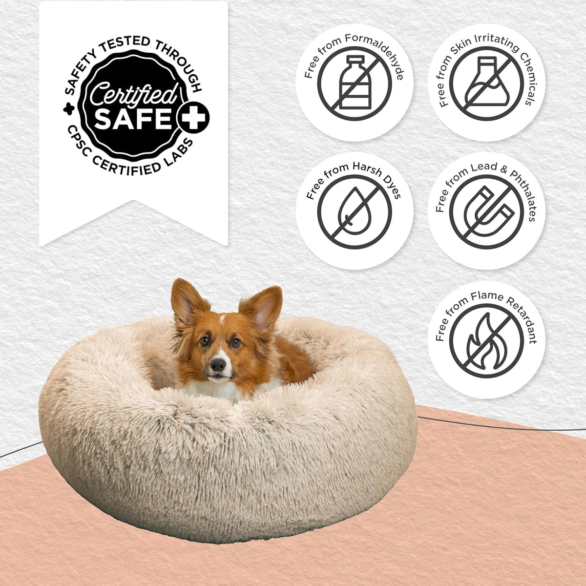 Best Friends by Sheri Original Calming Donut Dog and Cat Bed, Shag Faux Fur, Taupe, (30in x 30in)