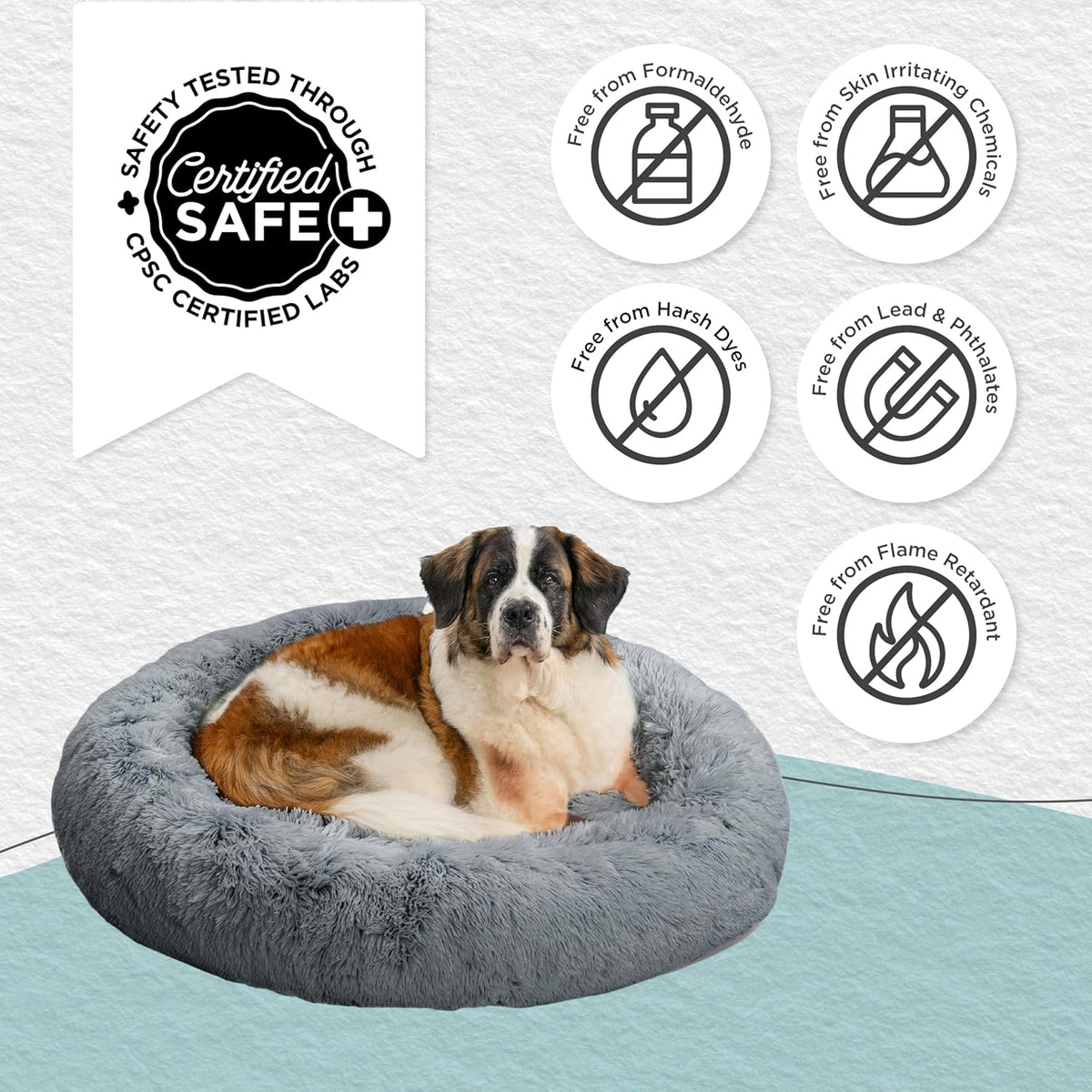 Best Friends by Sheri Original Calming Donut Dog and Cat Bed, Shag Faux Fur, Gray, XL (45in x 45in)