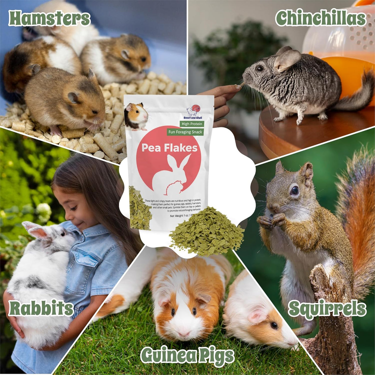 Snout and Shell Pea Flakes for Small Pets – High-Protein Treat for Guinea Pigs, Rabbits, Hamsters