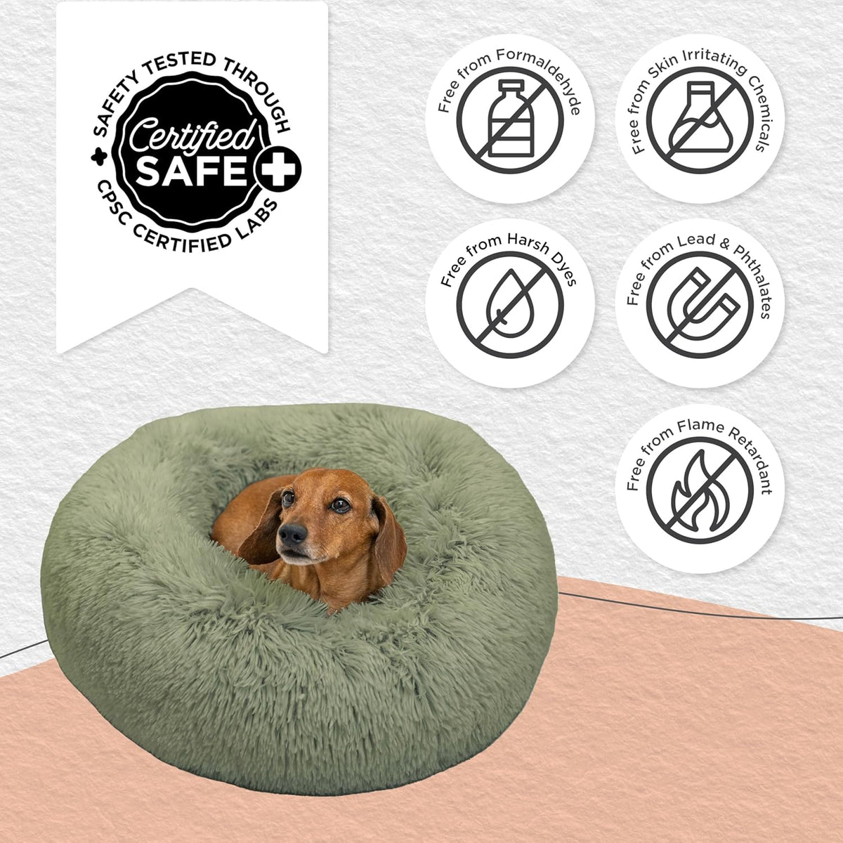 Best Friends by Sheri Original Calming Donut Dog and Cat Bed, Shag Faux Fur, Sage Green, (23in x