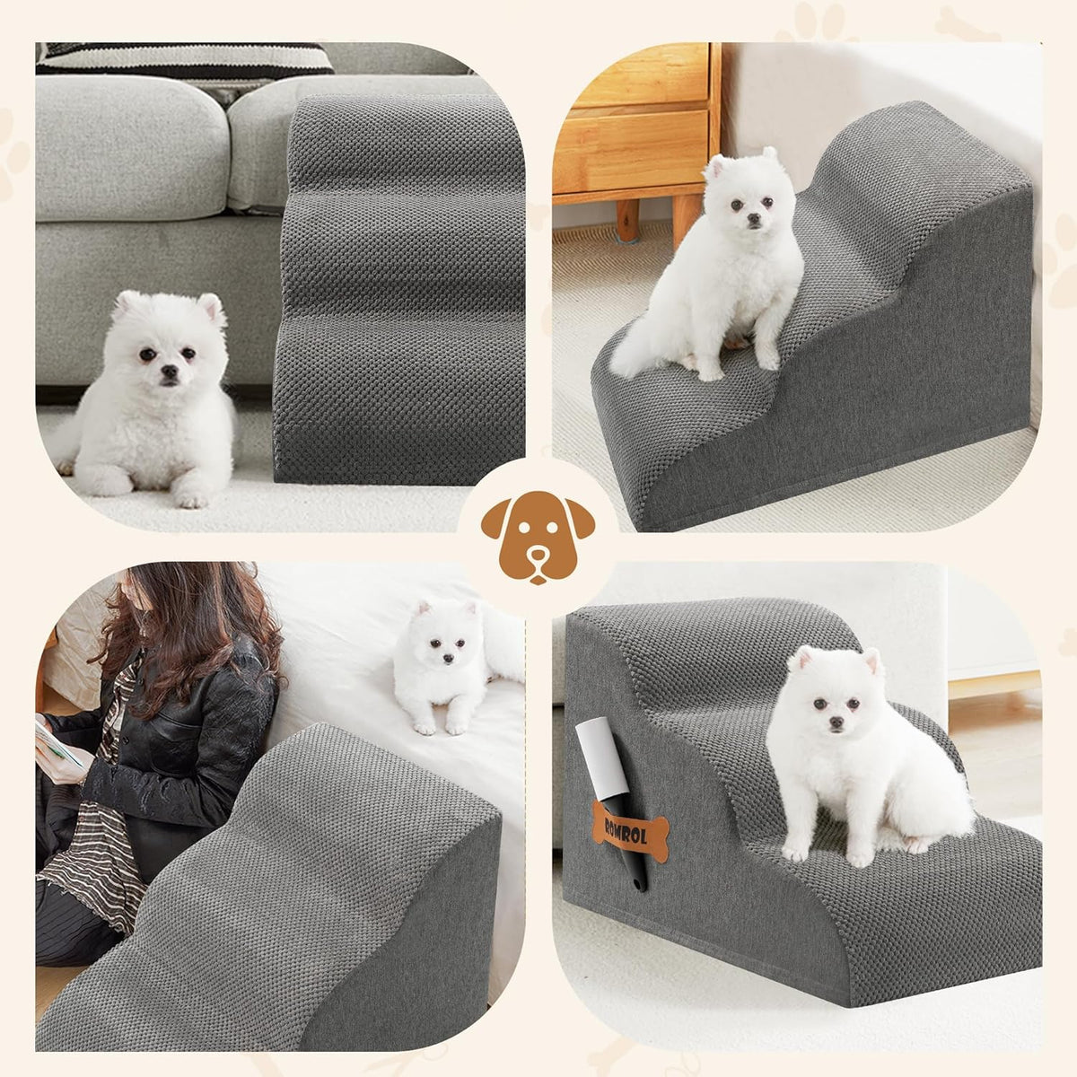 Romrol Dog Stairs Ramp for Beds Couches, Extra Wide Pet Steps with Durable Non-Slip Waterproof