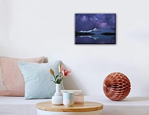 Peaceful Star Lake Landscape Wall Art For Bedroom,Starry Night Sky Over Snowy Mountain,Purple Milky