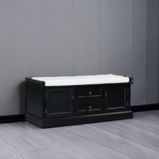 Storage Bench with 2 Drawers and 2 Cabinets, Pine Wood Shoe Bench with Removable Cushion for Living
