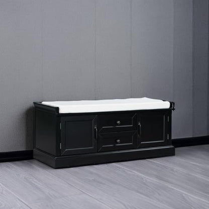 Storage Bench with 2 Drawers and 2 Cabinets, Pine Wood Shoe Bench with Removable Cushion for Living