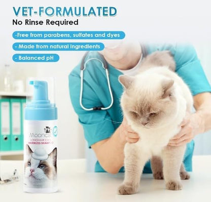 Mooncat Waterless Cat Shampoo for Longhair Cats | Licking Safe No-Rinse Dry Foam Bath for