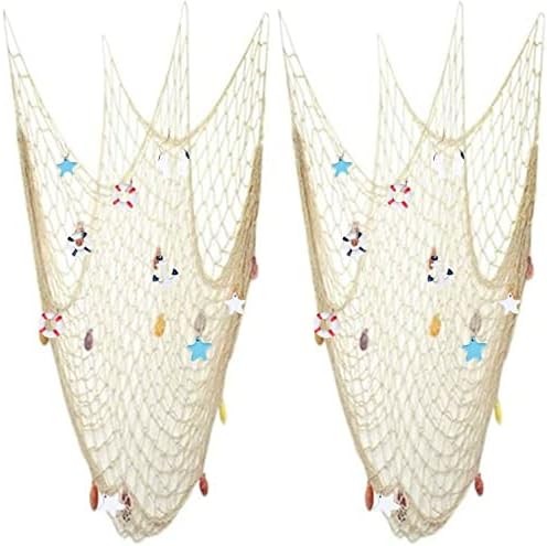 Nature Fish Net Wall Decoration with Shells, Ocean Themed Wall Hangings Fishing Net Party Decor for