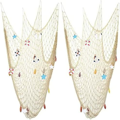 Nature Fish Net Wall Decoration with Shells, Ocean Themed Wall Hangings Fishing Net Party Decor for