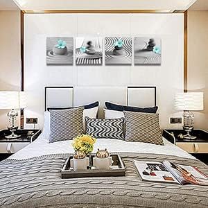 Yxbhhym Gray Wall Art Zen Wall Art Teal Floral Paintings Black and White Decor Zen Stone Sand
