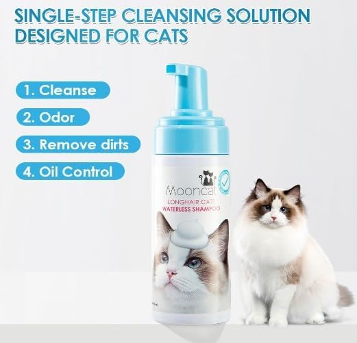 Mooncat Waterless Cat Shampoo for Longhair Cats | Licking Safe No-Rinse Dry Foam Bath for