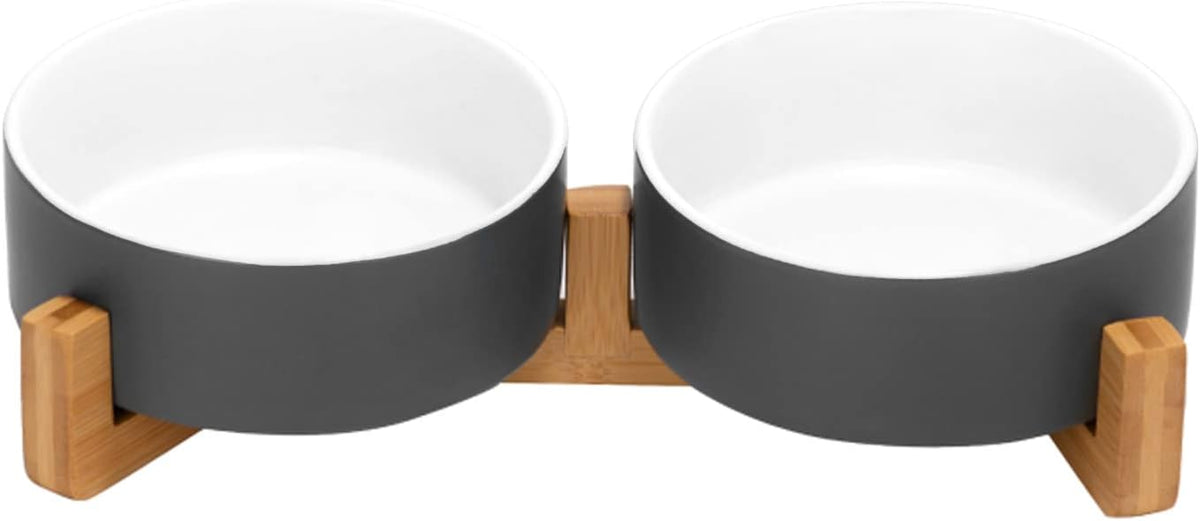 SPUNKYJUNKY Ceramic Dog and Cat Bowl Set with Wooden Stand, Modern Cute Weighted Food Water Set for