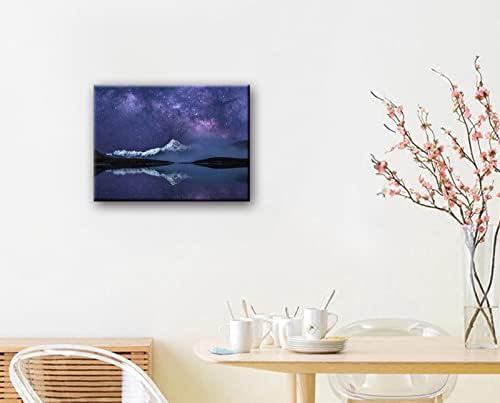 Peaceful Star Lake Landscape Wall Art For Bedroom,Starry Night Sky Over Snowy Mountain,Purple Milky