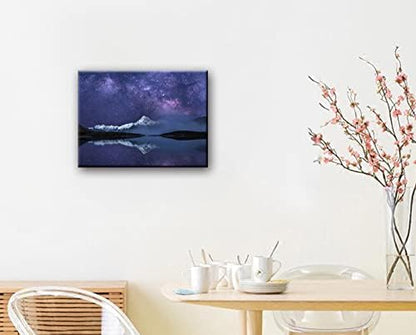 Peaceful Star Lake Landscape Wall Art For Bedroom,Starry Night Sky Over Snowy Mountain,Purple Milky