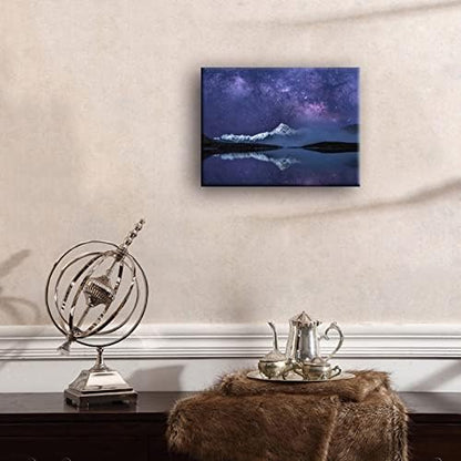 Peaceful Star Lake Landscape Wall Art For Bedroom,Starry Night Sky Over Snowy Mountain,Purple Milky