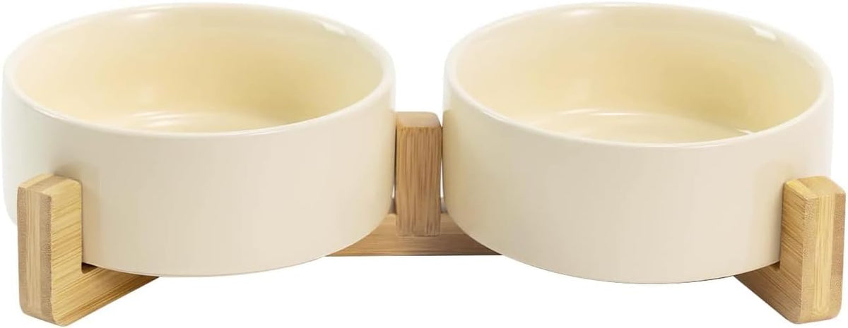 SPUNKYJUNKY Ceramic Dog and Cat Bowl Set with Wooden Stand, Modern Cute Weighted Food Water Set for