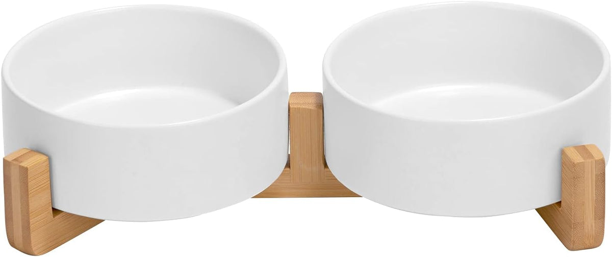 SPUNKYJUNKY Ceramic Dog and Cat Bowl with Wood Stand Non-Slip Matte Glaze Weighted Food Water Set